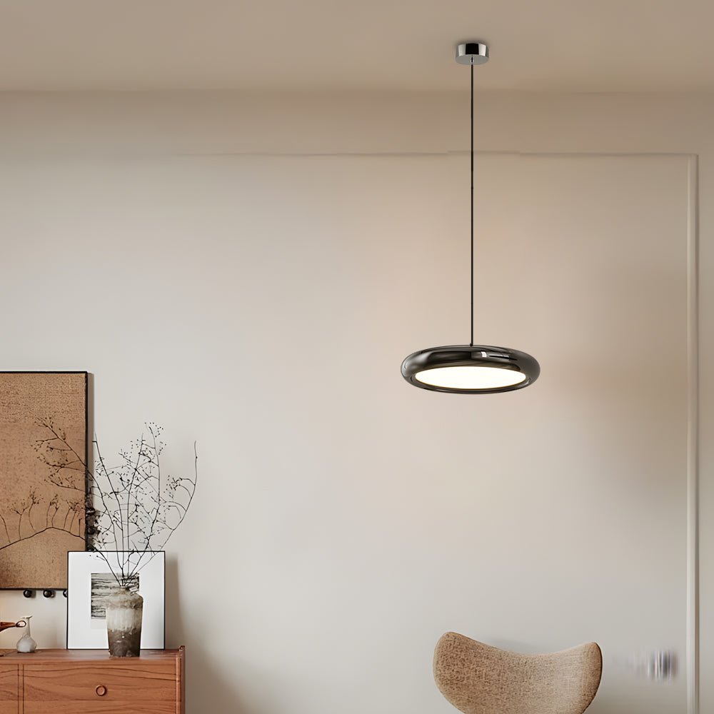 Round Iron and Acrylic Disc Pendant Light in Black or Chrome with 3-Step Colour Temperature
