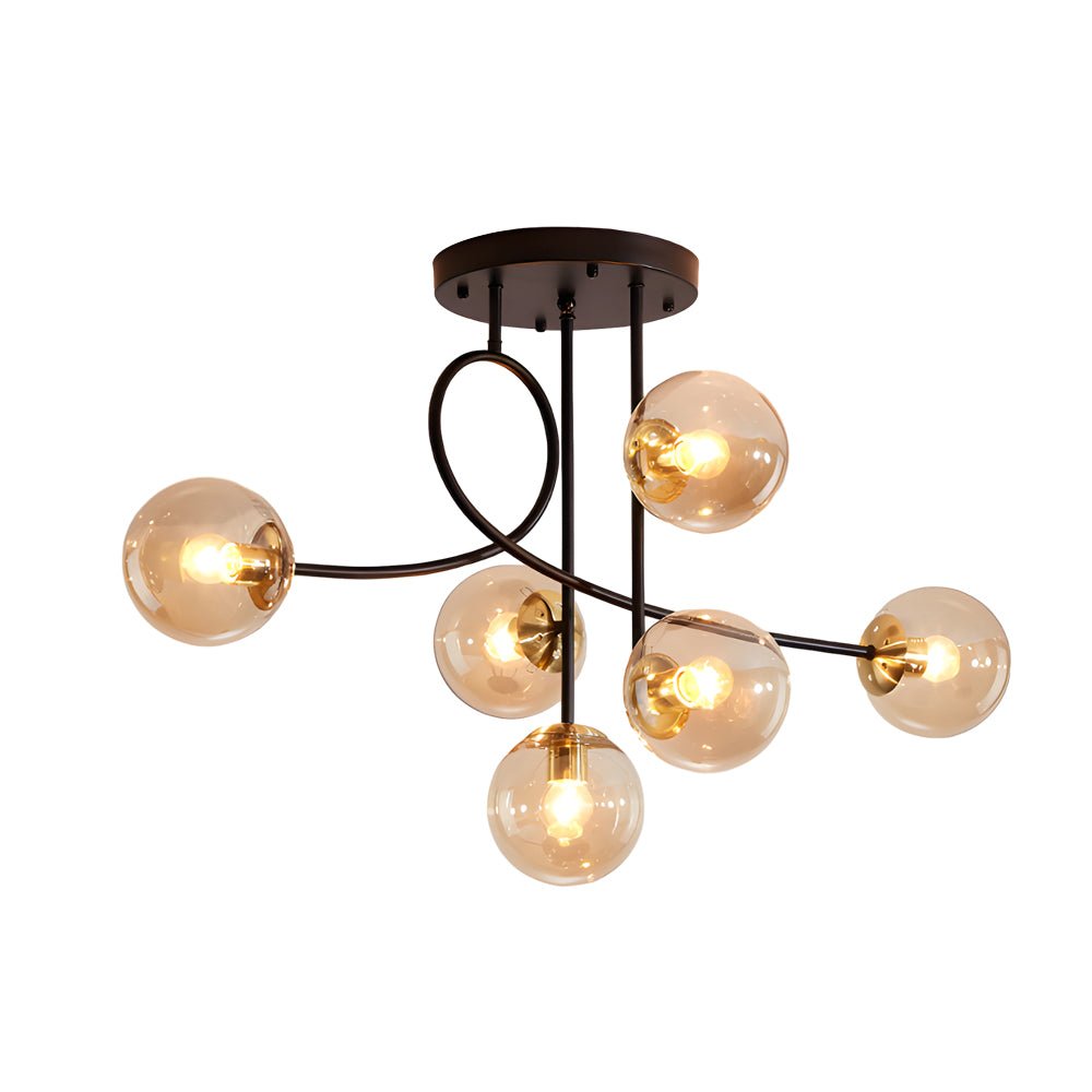 6-Light Semi-Flush Mount Ceiling Light — Modern Curved Arm Glass Ball Gold Black E27