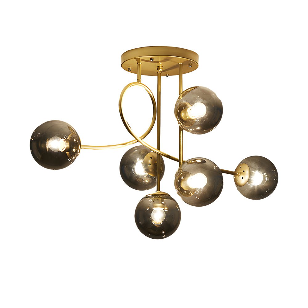 6-Light Semi-Flush Mount Ceiling Light — Modern Curved Arm Glass Ball Gold Black E27