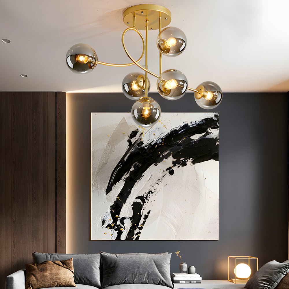 6-Light Semi-Flush Mount Ceiling Light — Modern Curved Arm Glass Ball Gold Black E27