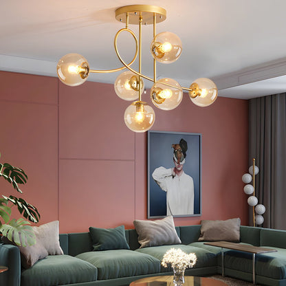 6-Light Semi-Flush Mount Ceiling Light — Modern Curved Arm Glass Ball Gold Black E27