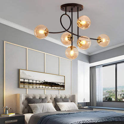 6-Light Semi-Flush Mount Ceiling Light — Modern Curved Arm Glass Ball Gold Black E27