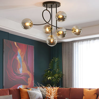 6-Light Semi-Flush Mount Ceiling Light — Modern Curved Arm Glass Ball Gold Black E27