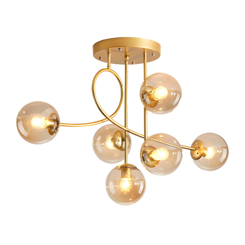 6-Light Semi-Flush Mount Ceiling Light — Modern Curved Arm Glass Ball Gold Black E27
