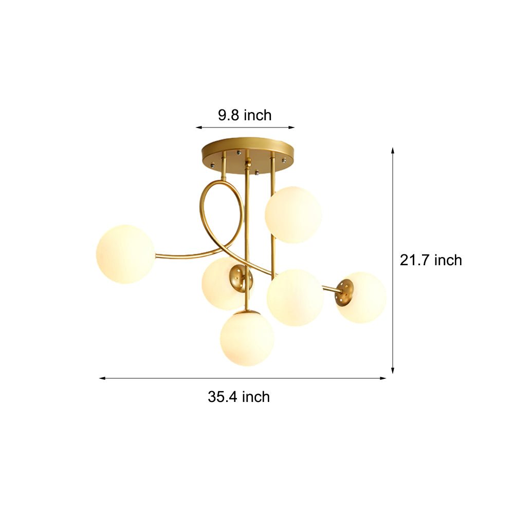 6-Light Semi-Flush Mount Ceiling Light — Modern Curved Arm Glass Ball Gold Black E27