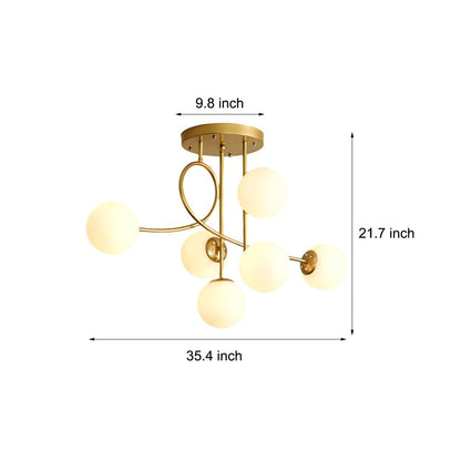 6-Light Semi-Flush Mount Ceiling Light — Modern Curved Arm Glass Ball Gold Black E27