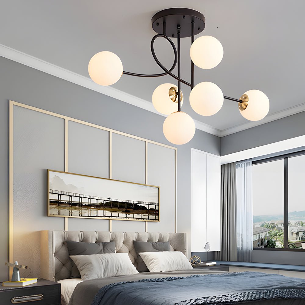 6-Light Semi-Flush Mount Ceiling Light — Modern Curved Arm Glass Ball Gold Black E27