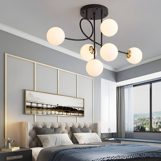 6-Light Semi-Flush Mount Ceiling Light — Modern Curved Arm Glass Ball Gold Black E27
