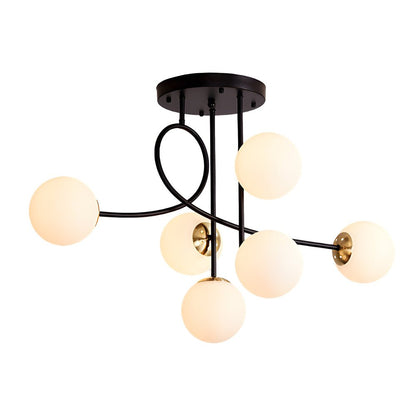 6-Light Semi-Flush Mount Ceiling Light — Modern Curved Arm Glass Ball Gold Black E27