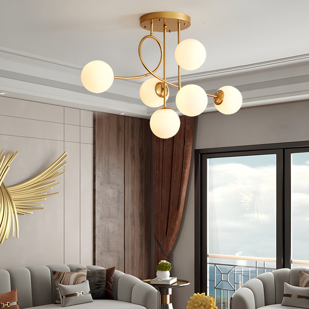 6-Light Semi-Flush Mount Ceiling Light — Modern Curved Arm Glass Ball Gold Black E27