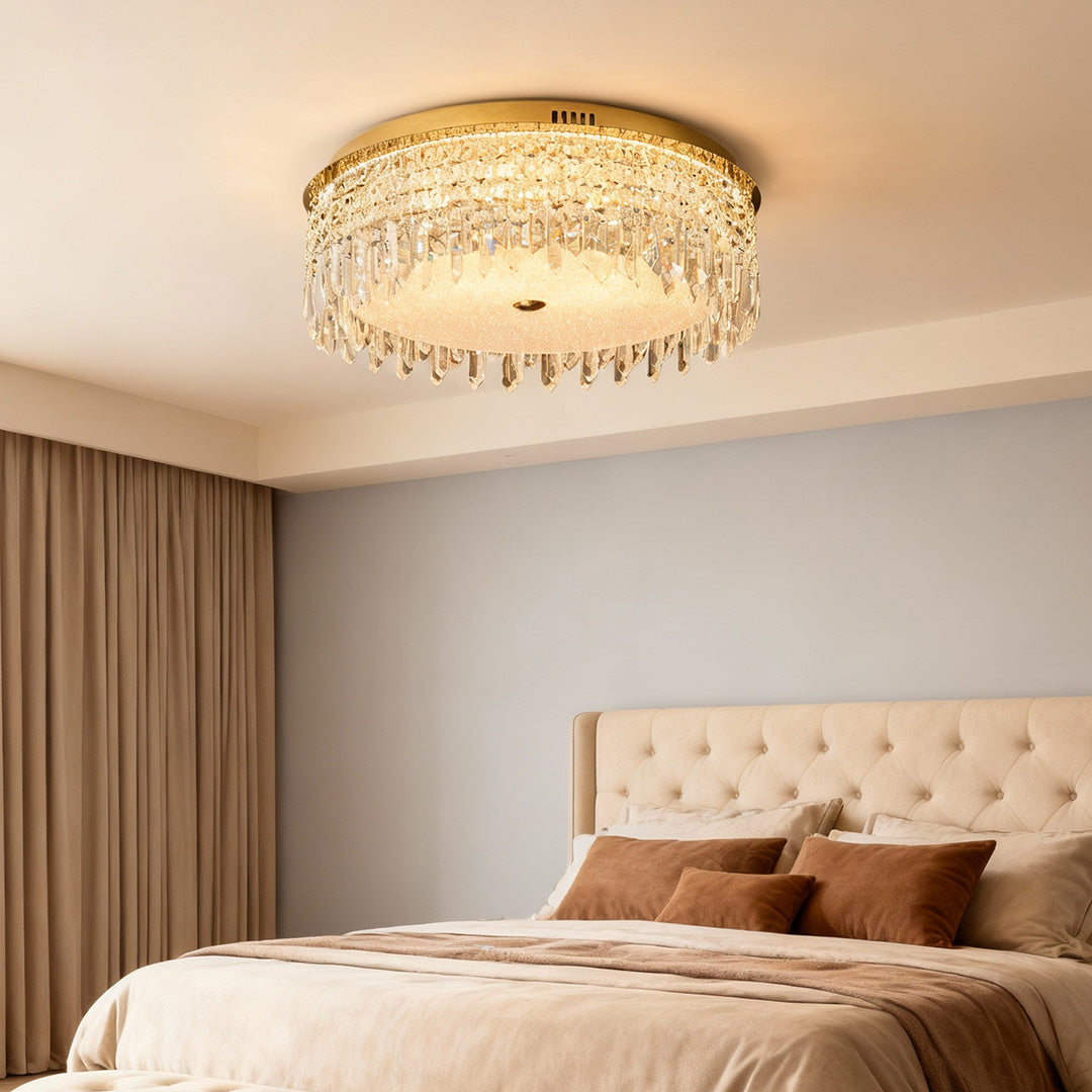 Waterfall Crystal Drop Flush Mount in Champagne Gold Carbon Steel with 3-Step Colour Temperature in Three Sizes