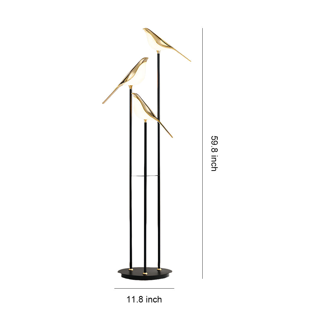 Decorative Floor Lamp 3 Heads Magpie Bird LED Gold Zinc Alloy Acrylic Optical Tube Nordic Artistic 4000K Foot Switch 60 Inch