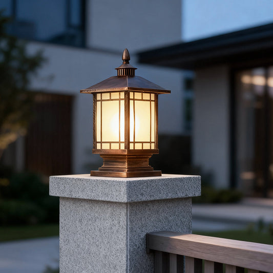 Retro Die-Cast Aluminum Frosted Glass Outdoor Pillar Light Black or Bronze 3 Grid Styles IP55 Hardwired E27