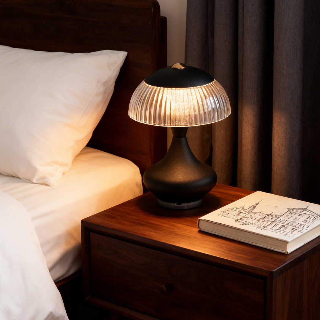 Ceramic Style Hourglass Table Lamp Ribbed Acrylic Mushroom Shade USB Rechargeable Stepless Touch Dimmable Black White 7.87 Inch