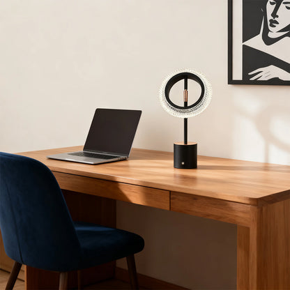 Circular Ring LED Table Lamp Iron Base Gold Accent Crystal Acrylic Shade USB Rechargeable Touch Dimmable Black White 11.42 Inch