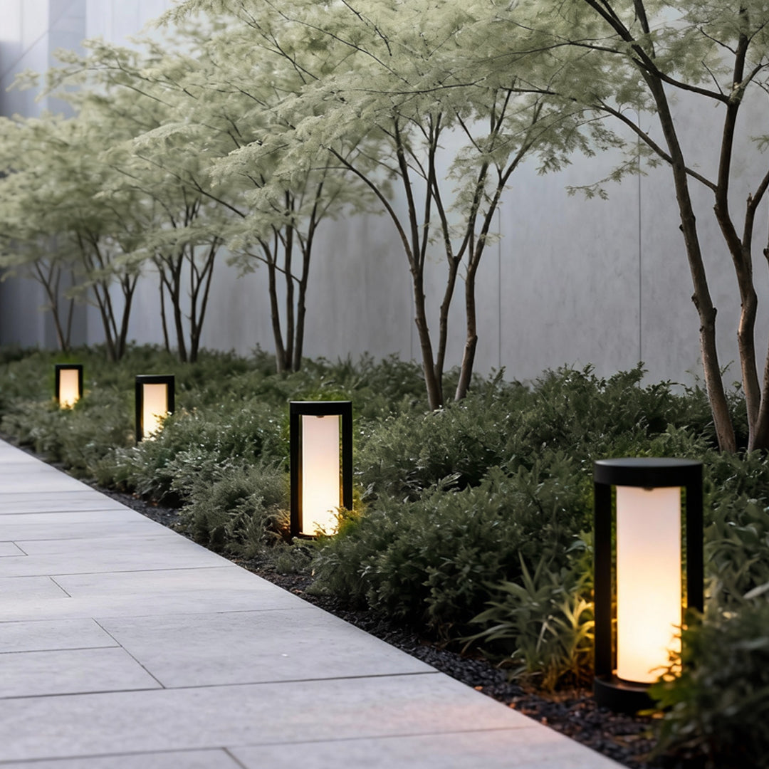 Cylindrical LED Bollard Landscape Light | Solar & Hardwired Black Outdoor Path Light