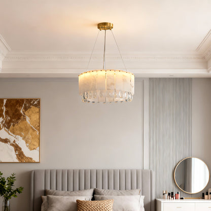Solid Brass Chandelier with Natural Cloud Stone Drum Shade