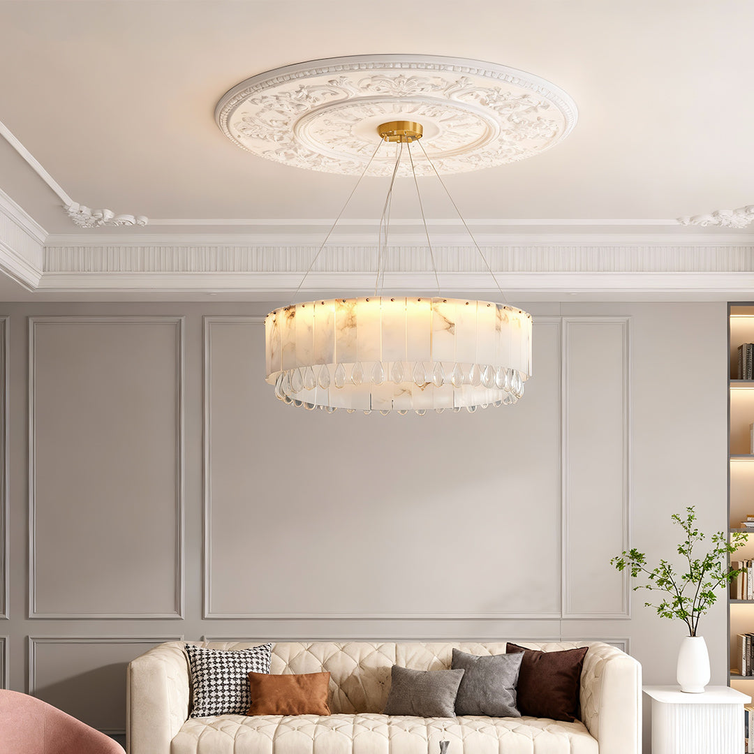 Solid Brass Chandelier with Natural Cloud Stone Drum Shade