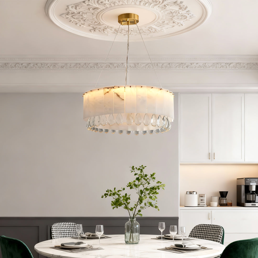 Solid Brass Chandelier with Natural Cloud Stone Drum Shade