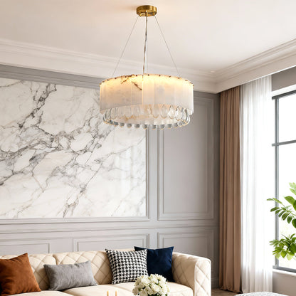Solid Brass Chandelier with Natural Cloud Stone Drum Shade
