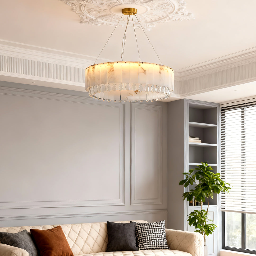 Solid Brass Chandelier with Natural Cloud Stone Drum Shade