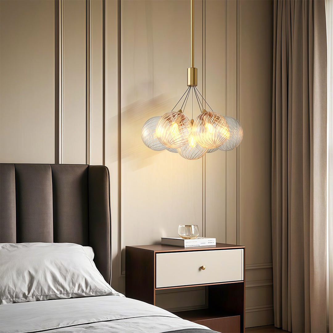 Solid Copper Bubble Chandelier with Staggered Glass Cluster Composition