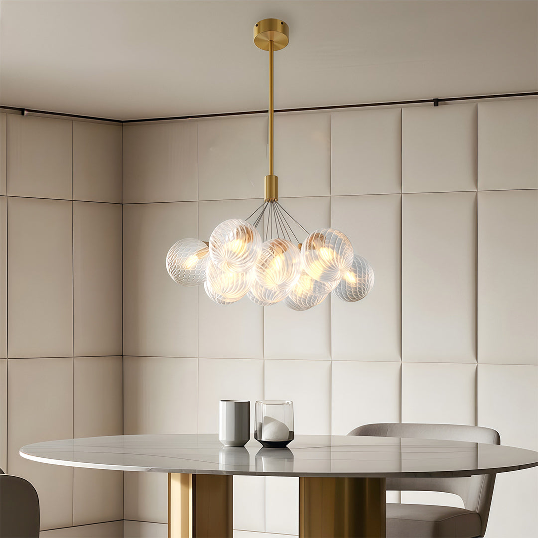 Solid Copper Bubble Chandelier with Staggered Glass Cluster Composition