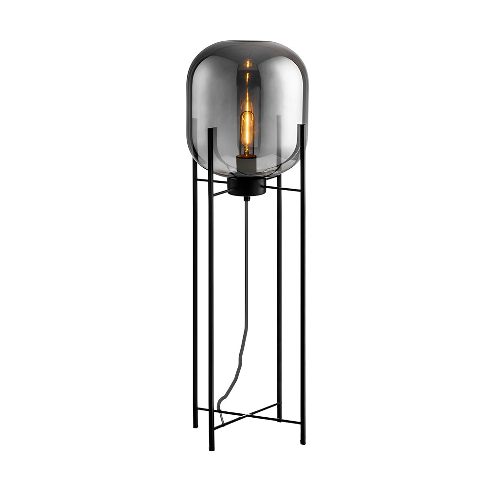 Decorative Floor Lamp Hand Blown Glass Shade Industrial Black Metal 4 Leg Base Smoke Gray Amber Warm White 3000K 3 Sizes Up To 55 Inch