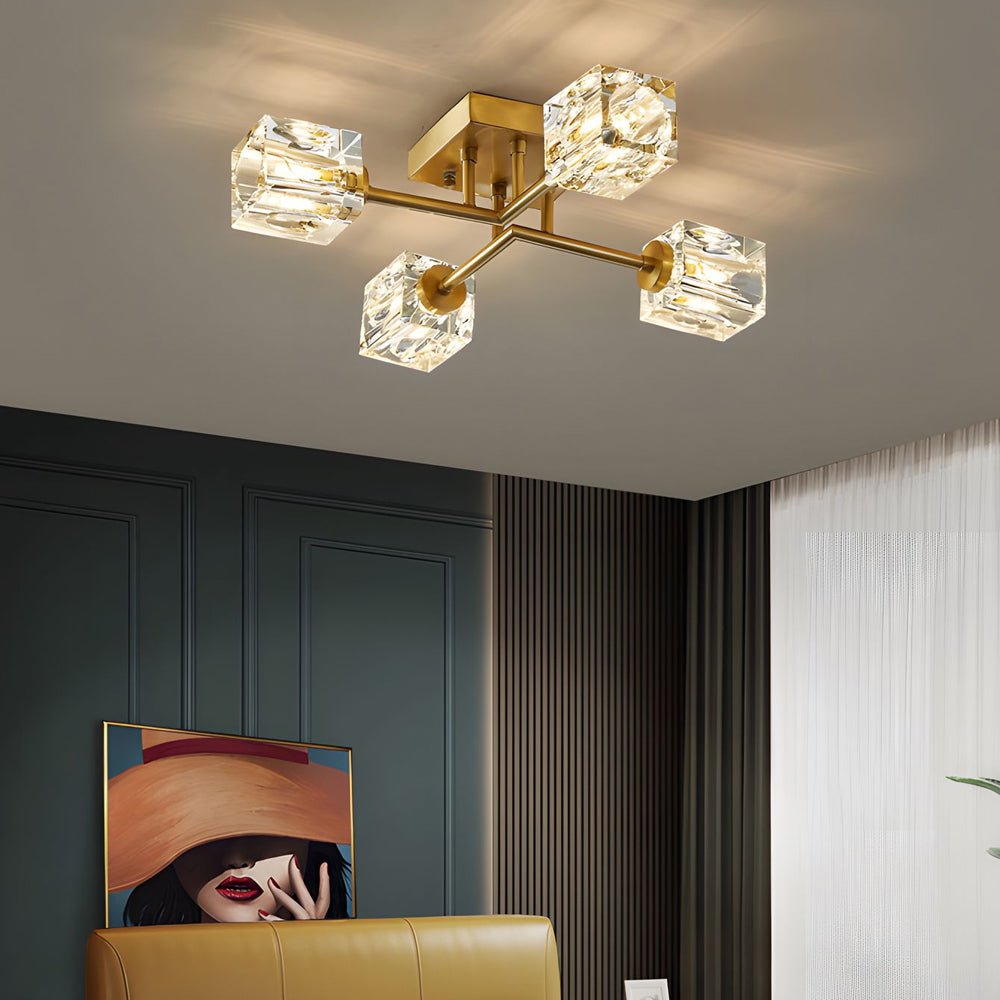 Crystal Cube Semi-Flush Mount Ceiling Light — Modern Luxury G9 Copper 4 6 8 Light