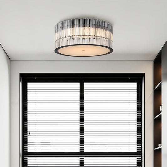 Round Drum Crystal Prism Rod Flush Mount in Black Metal and Transparent Glass with Warm White Integrated LED
