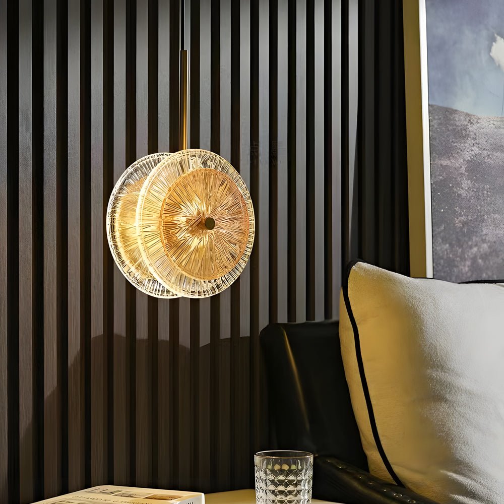 Crystal Glass Disc Pendant Light with Gold Metal Hardware and Integrated LED
