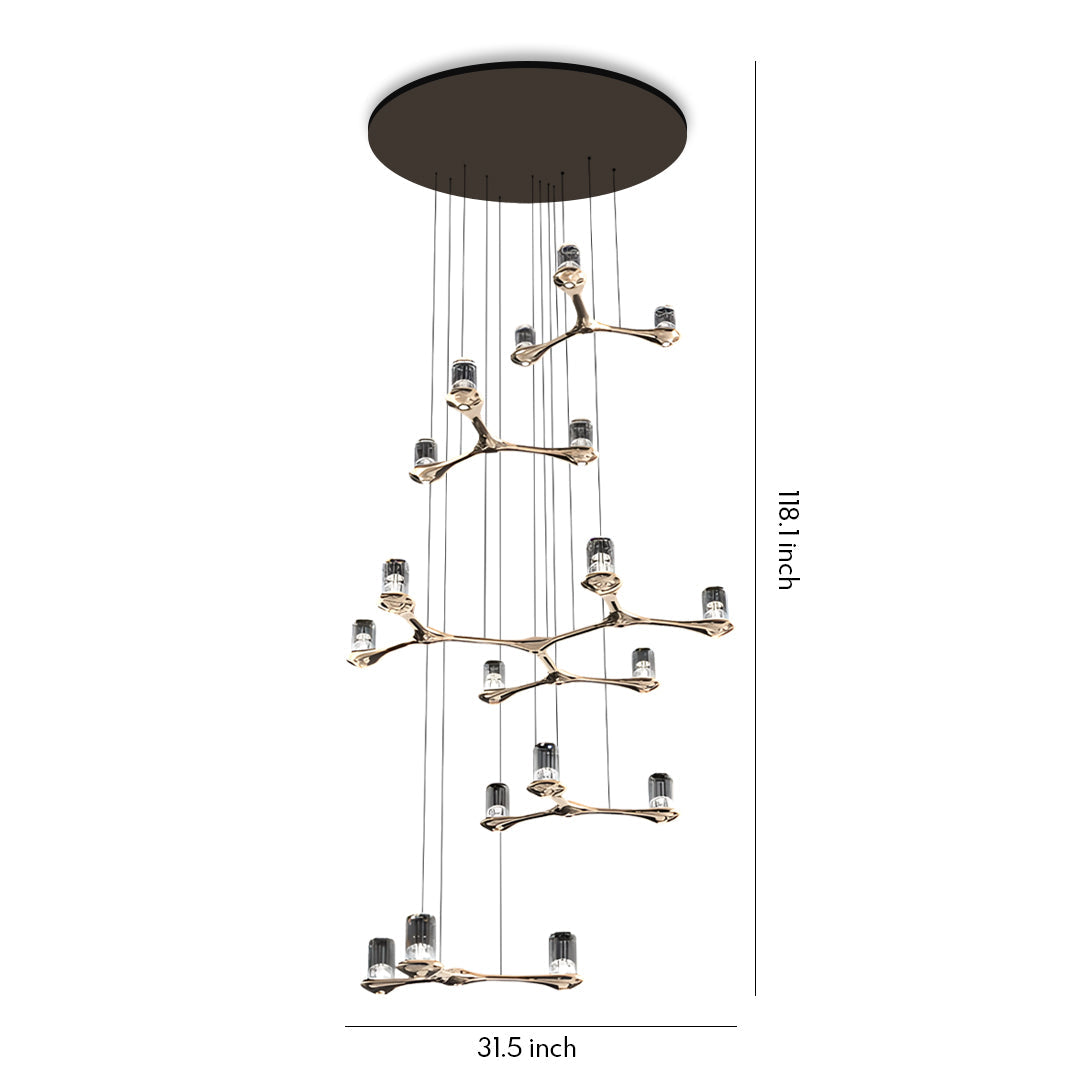 Staircase Chandelier Copper Crystal 18-Head 3D Geometric Matrix Integrated LED Terracotta Gold Nordic 3-Step Colour Temperature
