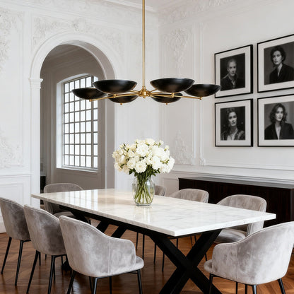 Black and Gold Six-Arm Disc Chandelier with Matte Black Shades and Brushed Gold Frame