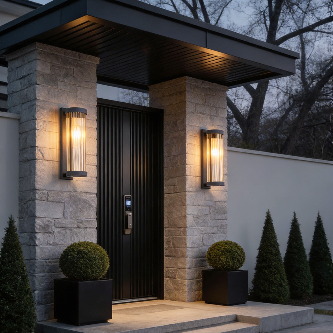 Modern Black Outdoor Wall Sconce Solar or Hardwired Stainless Steel Glass LED 3000K