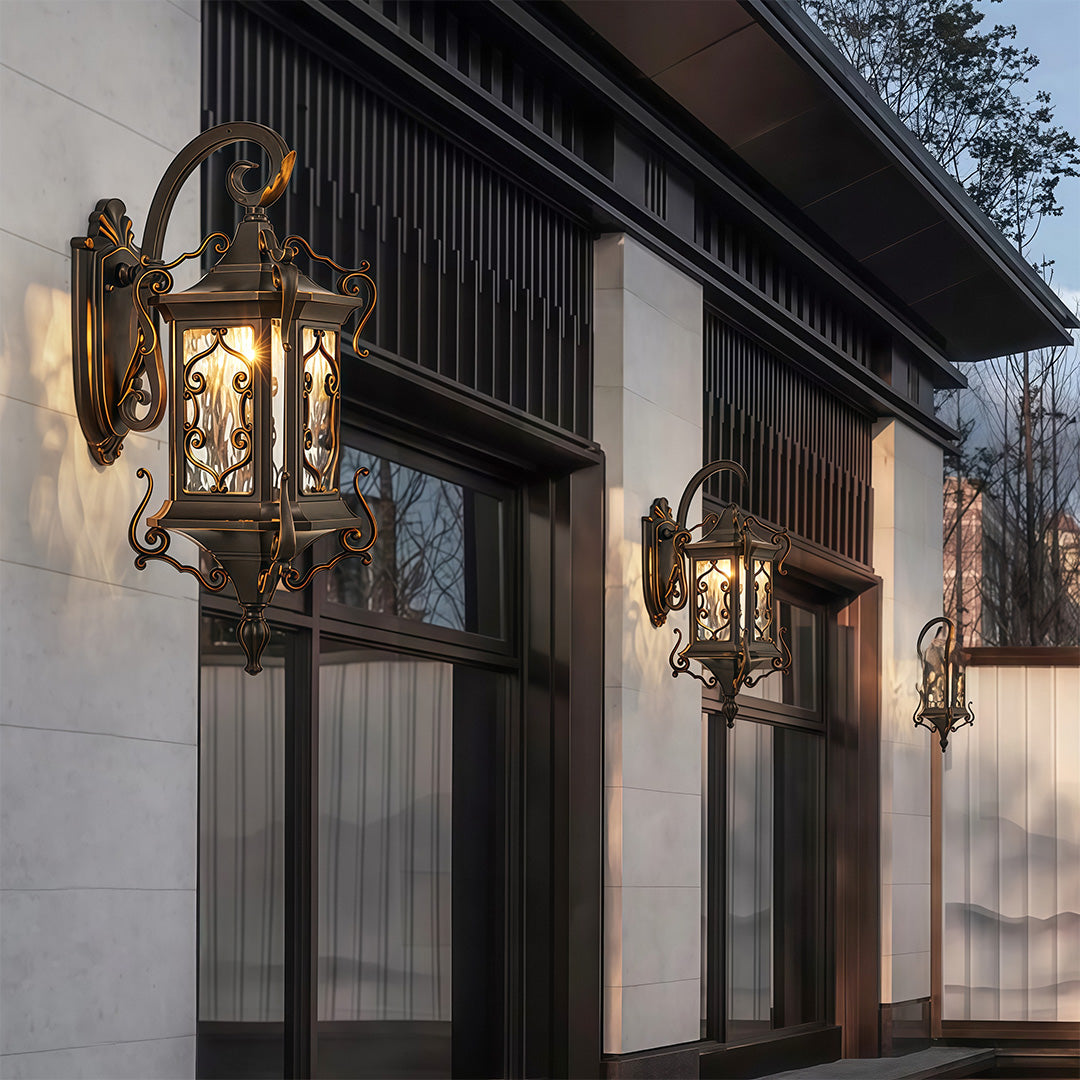European Gilded Aluminium Outdoor Wall Lantern E27 IP65 Coffee Gold