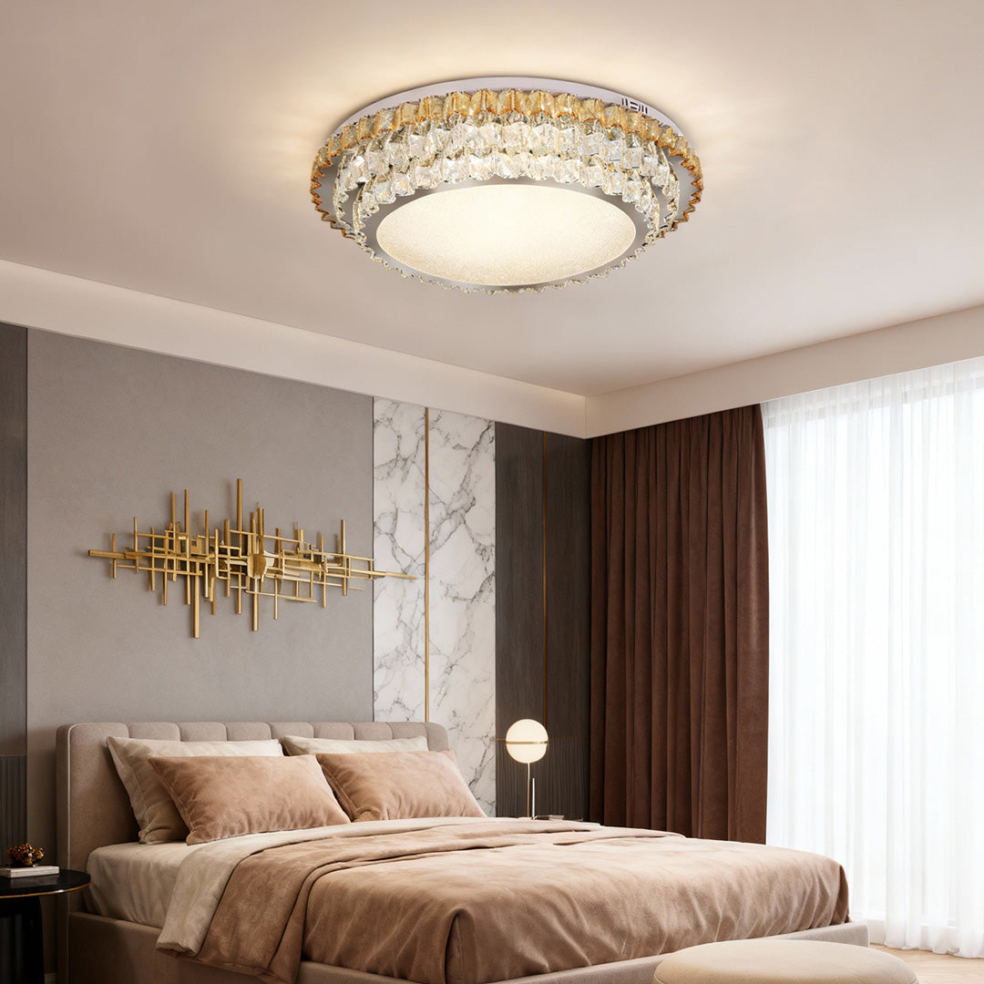 Round Amber Crystal Flush Mount Chrome Gold 4 Sizes Full Spectrum LED