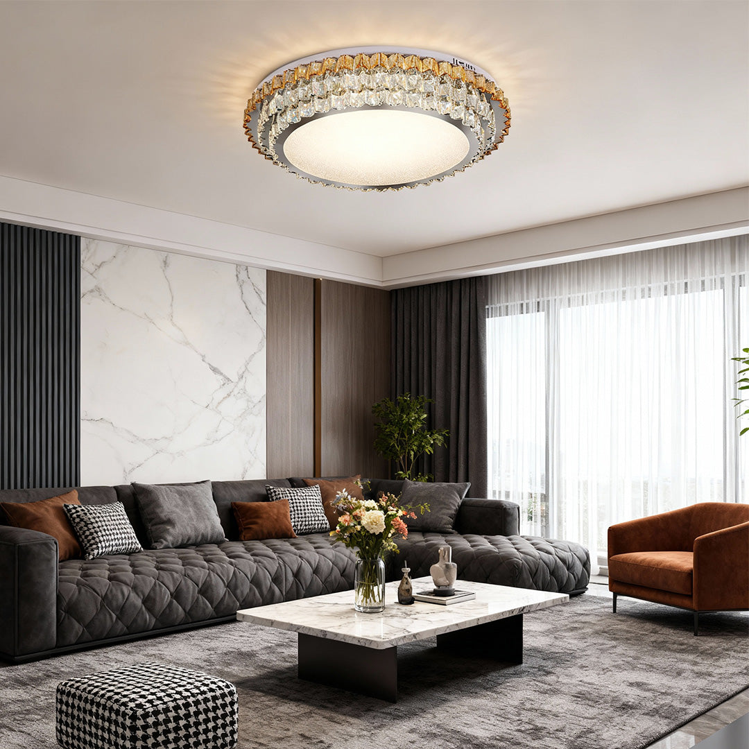 Round Amber Crystal Flush Mount Chrome Gold 4 Sizes Full Spectrum LED