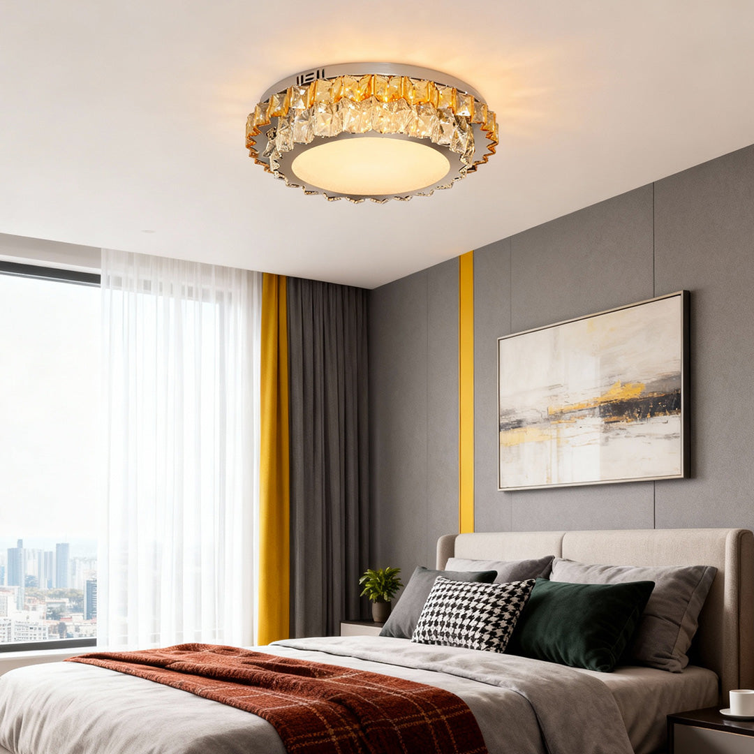 Round Amber Crystal Flush Mount Chrome Gold 4 Sizes Full Spectrum LED