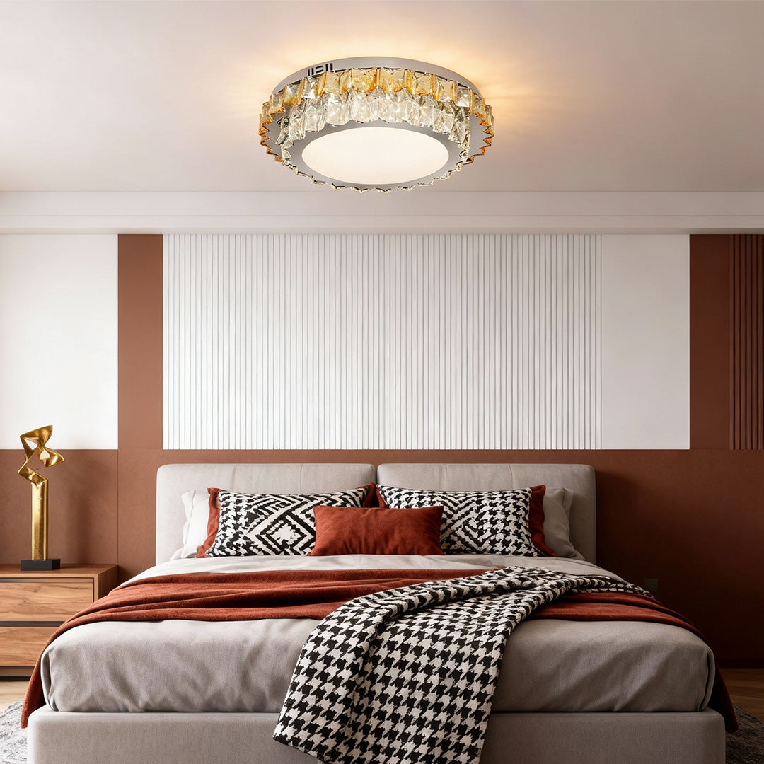 Round Amber Crystal Flush Mount Chrome Gold 4 Sizes Full Spectrum LED
