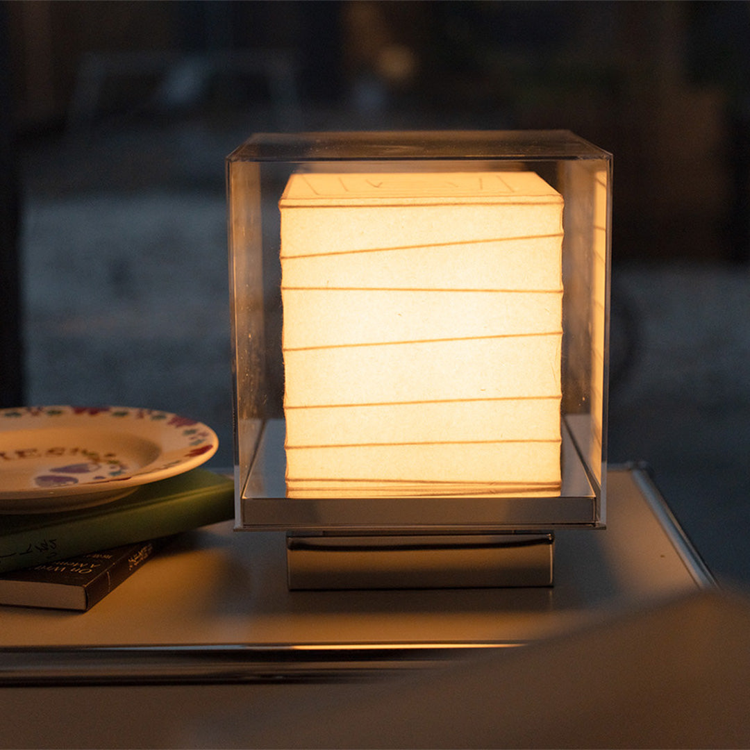 Japanese Cotton Paper Table Lamp Wabi-Sabi Zen Chrome Frame Acrylic Diffuser Warm LED 5W 9.65 Inch