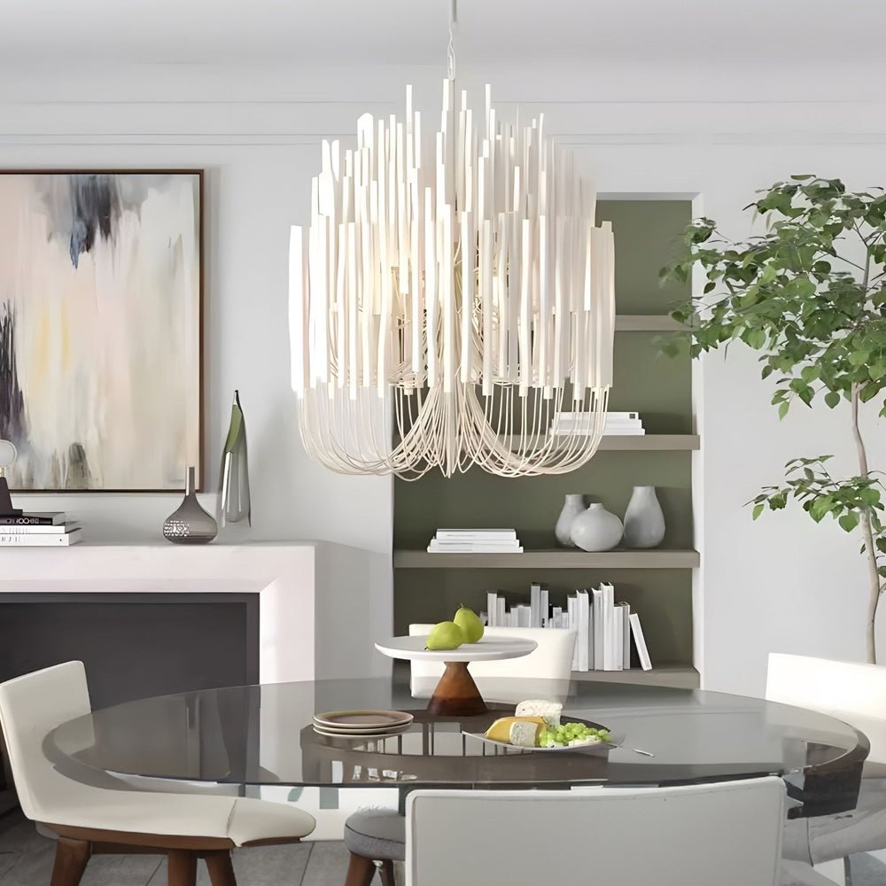 Organic Wood Stick LED Chandelier Iron E14 3000K Rustic Modern White 4 Sizes Indoor
