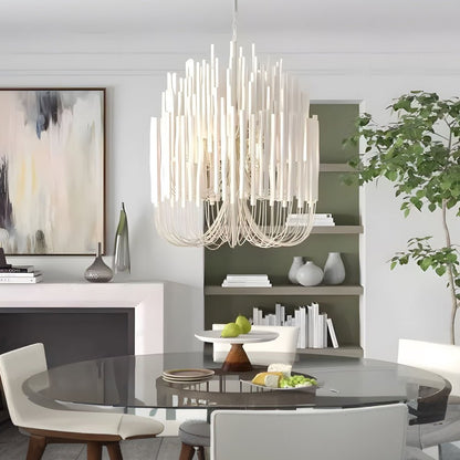 Organic Wood Stick LED Chandelier Iron E14 3000K Rustic Modern White 4 Sizes Indoor