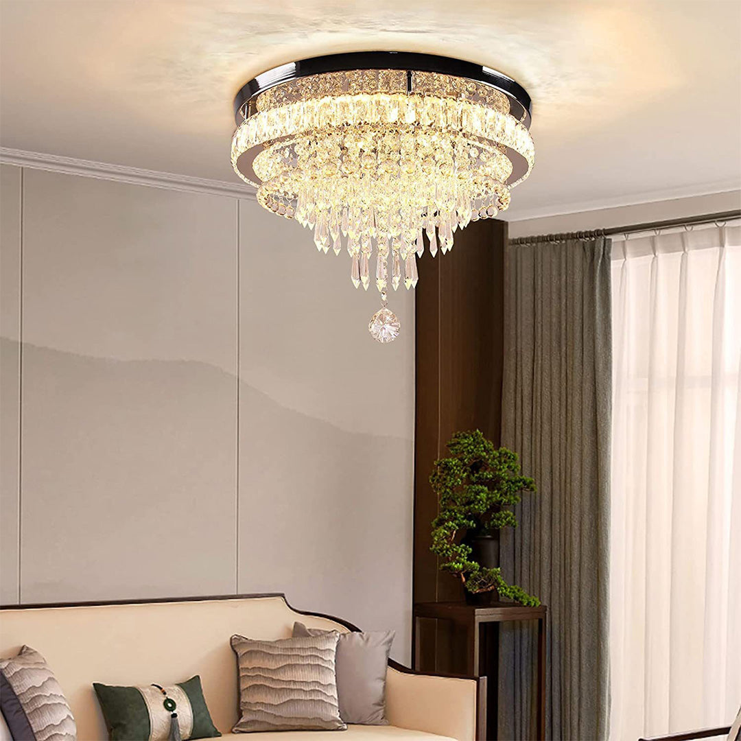 Crystal Flush Mount Light Stainless Steel Gold Tiered Round Modern Luxury LED Four Lighting Modes