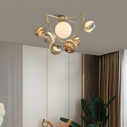 Planet Art Gold Semi-Flush Mount Glass Orb Modern 7-Light
