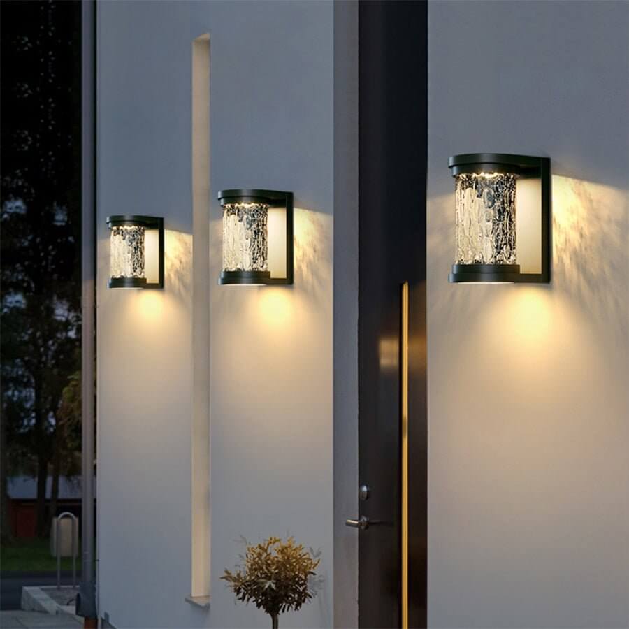 Modern LED Outdoor Wall Sconce Stainless Steel Stereoscopic Ripple Glass IP65 3000K Gray 2 Sizes