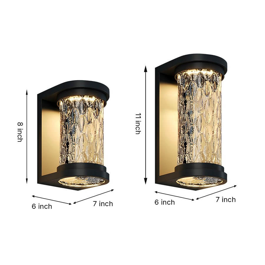 Modern LED Outdoor Wall Sconce Stainless Steel Stereoscopic Ripple Glass IP65 3000K Gray 2 Sizes