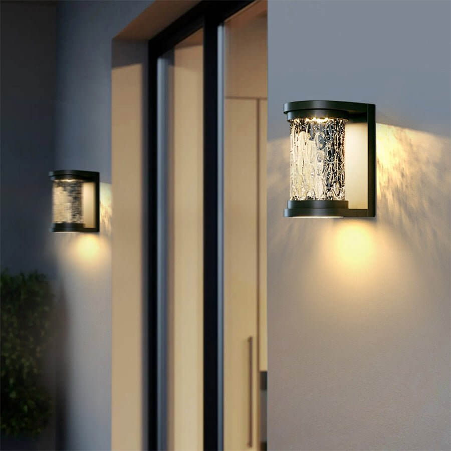 Modern LED Outdoor Wall Sconce Stainless Steel Stereoscopic Ripple Glass IP65 3000K Gray 2 Sizes
