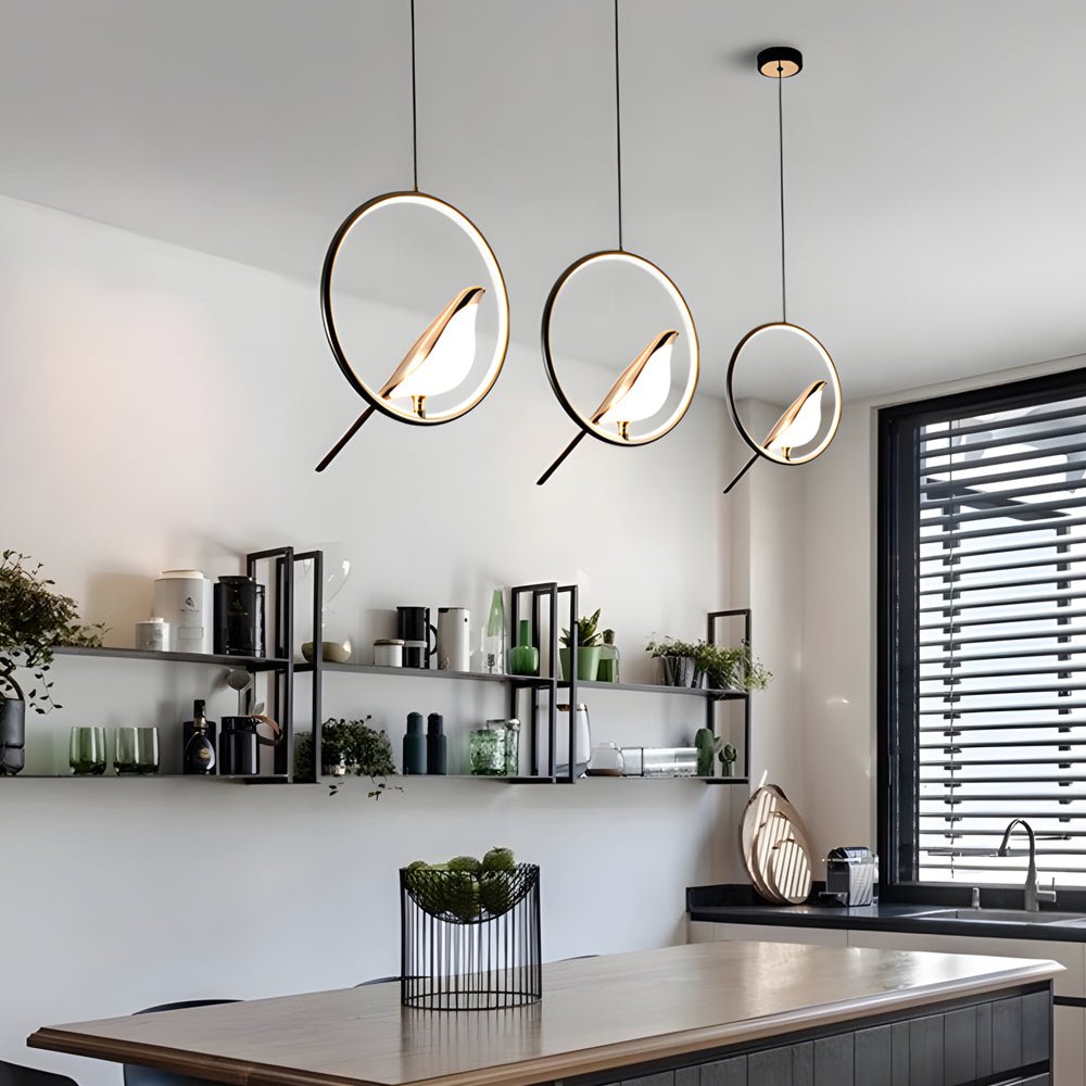 Sculptural Magpie Bird Ring Pendant Light in Aluminum and Silicone with Remote Dimming Option