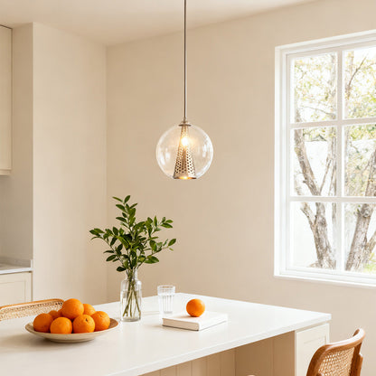 Glass Ball Pendant Light Italian Minimalist Clear Glass Perforated Copper Brass Cone E26 Dining Room 10 Inch