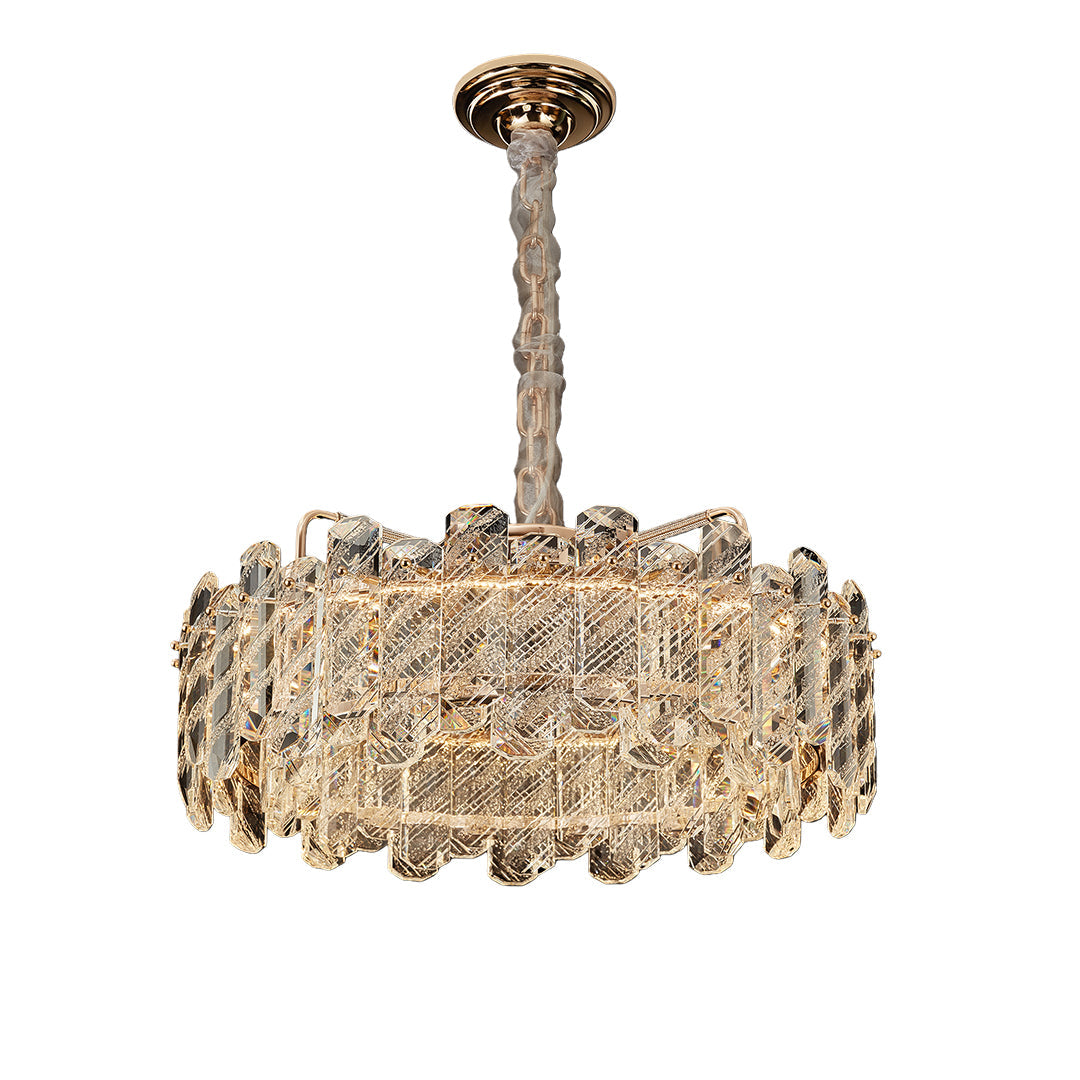Nordic Chandelier Carbon Steel Champagne Gold Dual-Color LED Crystal Drum Single Double Layer Long Hanging Luxury
